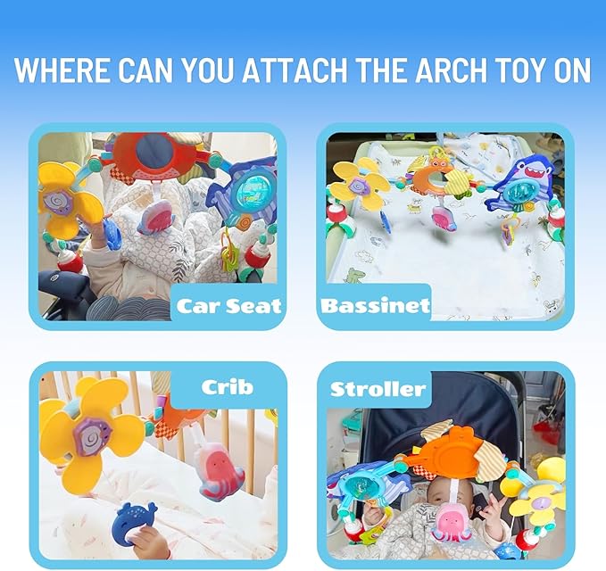 Adjustable Baby Stroller Arch Toy, Car Seat Toys for Infants 6-12 Months Hanging Toy Bar Attachment with Teether & Sound, Crib Comfort Gift for Birthday, Baby Shower