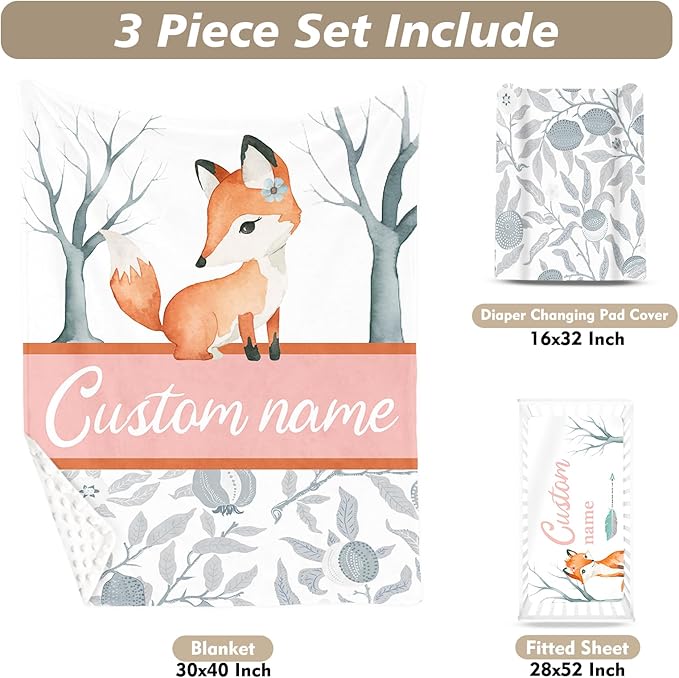 Custom Name Crib Bedding Set - Fox Theme, Personalized Nursery Bedding 3-Piece Set– Soft Blanket, Fitted Sheet, Changing Pad Cover – for Newborns Girls Nursery Gifts
