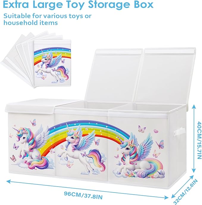 Large Toy Box Chest Organizer with Flip Lid for Kids, Collapsible Oxford Toy Storage Box with Handles for Boys Girls, Sturdy Waterproof Storage Organizer for Bedroom Playroom Nursery, 37.7×12.5×15.7''