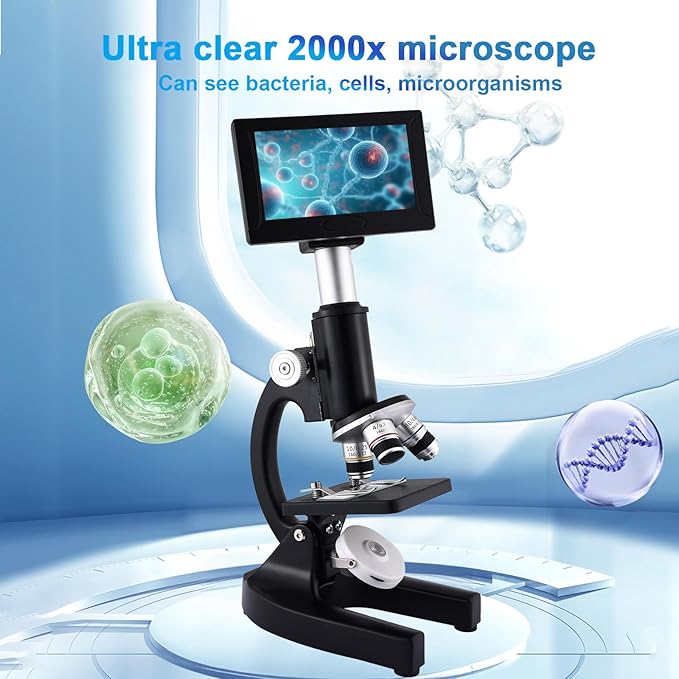 Microscope 40X-2500X Magnification with 4.3-inch Display, Wide-Angle 10X and 25X eyepieces, and Built-in 5-megapixel Camera for School Labs, Animal Husbandry (Black)