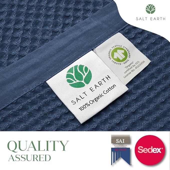 Salt Earth GOTS Certified 100% Organic Cotton Throw Blanket, 108"X90" Waffle Blankets & Throws for Bed, Throw Blanket for Couch, Modern & Cozy Blanket, All Season Waffle Blanket, Soft Blanket (Navy)