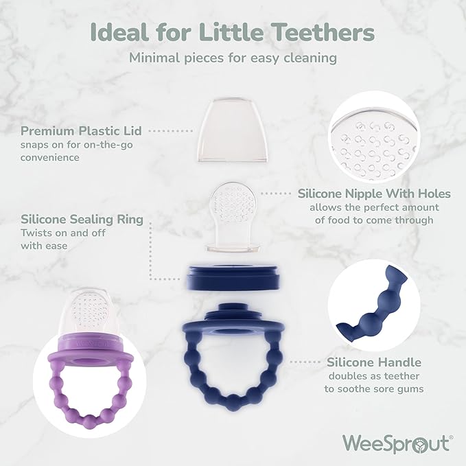 WeeSprout Silicone Baby Food Feeders + Freezer Tray for Batch Prep, Set of 2, Introduce New Foods Safely, Double as Teething Toys, Includes 2 Extra Pouches & Travel Lids, Dishwasher Safe