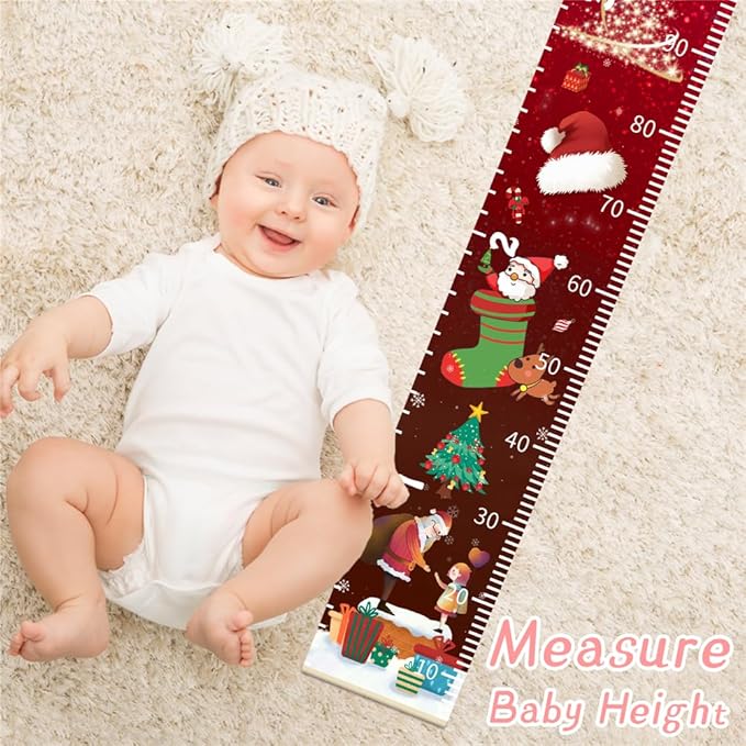 Christmas Baby Growth Chart for Wall, Height Chart for Kids, Xmas Kids Nursery Decor, Hanging Ruler Wall Decor, Kids Room Decor, Holiday Gifts for Boys Girls Toddlers - 76.7 x 7.9in with Beige Wood