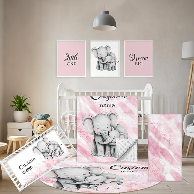 Personalized Baby Bedding Set, 5 Pcs Custom Baby Crib Sets with Name, Toddler Bedding Set for Baby Girls, Pink Elephants Double Layer Nursery Bedding Set, Customized Gifts for Infants Kids