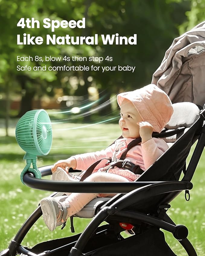 Gaiatop Oscillating Baby Stroller Fan with LED Night Light, 4 Speeds Cooling Rechargeable 360° Rotate Clip On, Battery Operated Small Portable Fans for Car Seat Crib Treadmill Travel