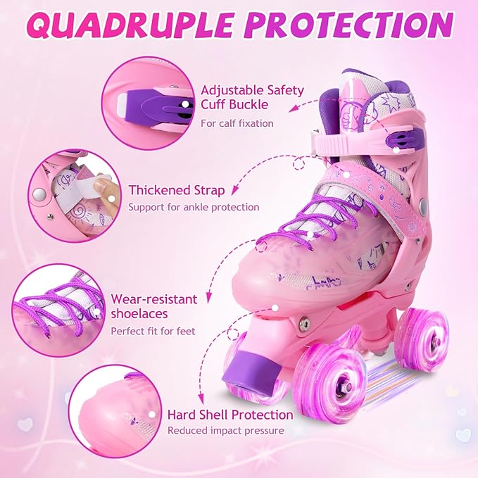 Rainbow Toddler Roller Skates - Size 4 Adjustable | Light Up Quad Skates for Girls & Boys Beginners Aged 3-12