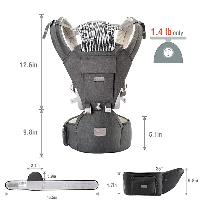 Baby Carrier, 3-in-1 Baby Carrier Newborn to Toddler with Hip Seat (Ergonomic M Position) for 0-36 Month/7-45lbs, Adjustable Size for Enhanced Lumbar Support, Perfect for On-The-go, Grey