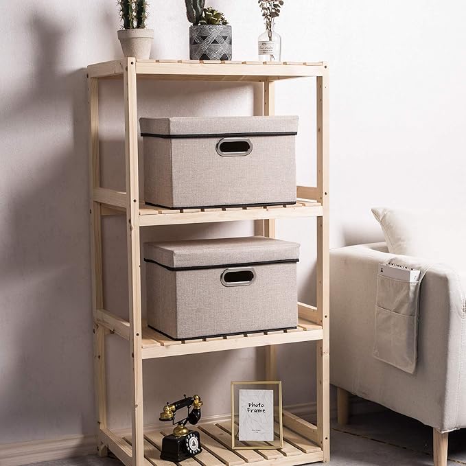 PRANDOM Foldable Storage Bin with Lid [5-Pack] Linen Fabric Decorative Storage Box Organizer Container Basket Cube with Handles Divider for Closet Office Living Room Light Grey(14.9x9.8x9.8)