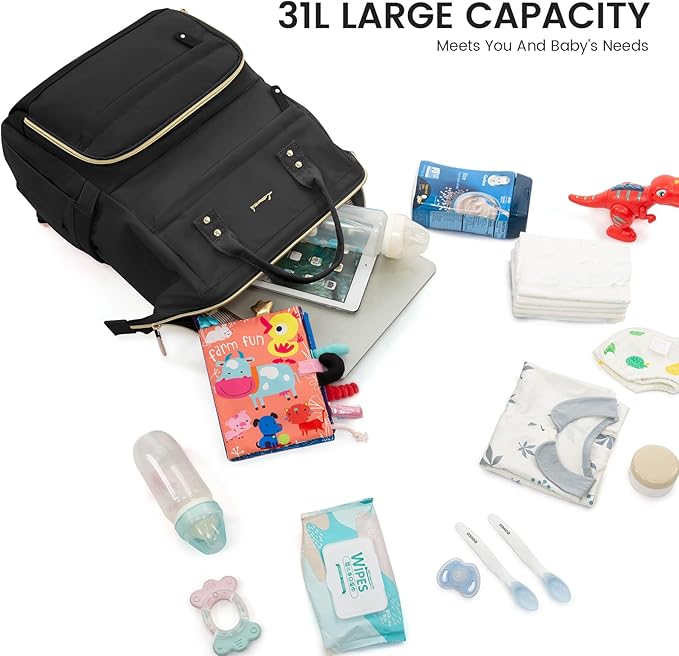 LOVEVOOK Diaper Bag Backpack, Baby Bag with Changing Station, Large Diaper Backpack for Moms Dads, Waterproof Leather Accents Baby Boy and Girl Bag for Travel Baby Essentials, Black