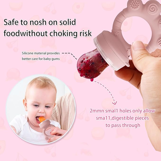 Baby Fruit Food Feeder - Silicone Nibble Tray Combo - Breastmilk Popsicle Mold for Cooling Relief, BPA Free Mesh Feeder for Infant Self Feeding (Claw Pink + Pineapple)