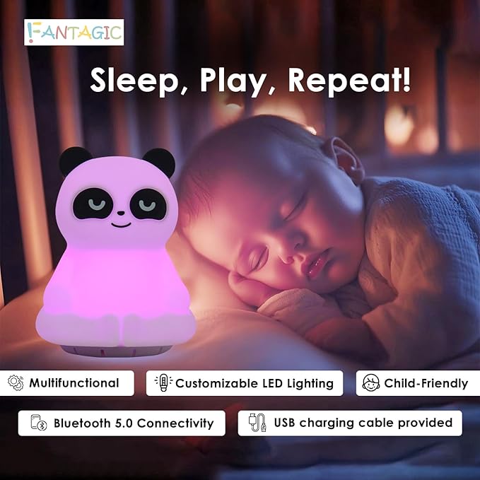 Combined Bluetooth Speaker & LED Nightlight With 9 Color Emissions, Child Friendly Silicone & BPA Free Monkey, USB Recharging, Receives Audio From Computer, Phone Or Tablet, Remote Control (Panda)