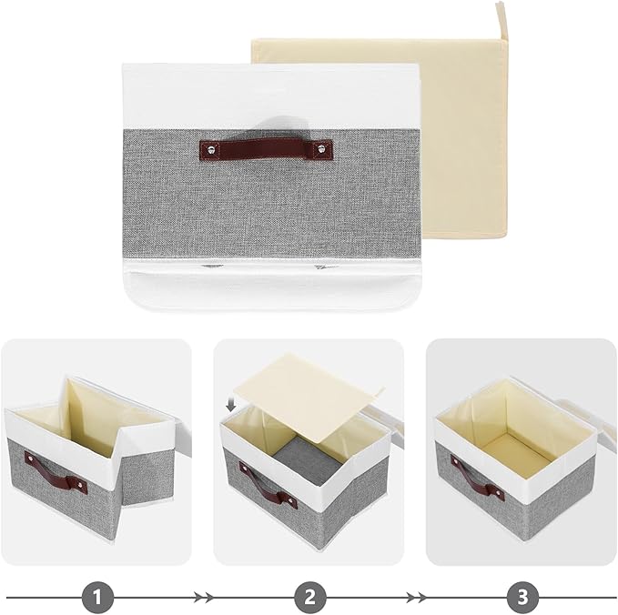 ANMINY Storage Boxes with Lids Washable Decorative Storage Bins Basket with PU Leather Handle Foldable Linen Fabric Storage Cubes Containers for Home Closet Organizer - Gray White, Small Size
