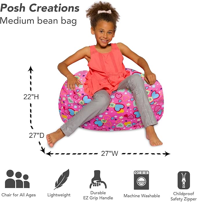 Posh Creations Bean Bag Chair for Kids, Teens, and Adults Includes Removable and Machine Washable Cover, Canvas Multi-Colored Hearts on Pink, 27in - Medium