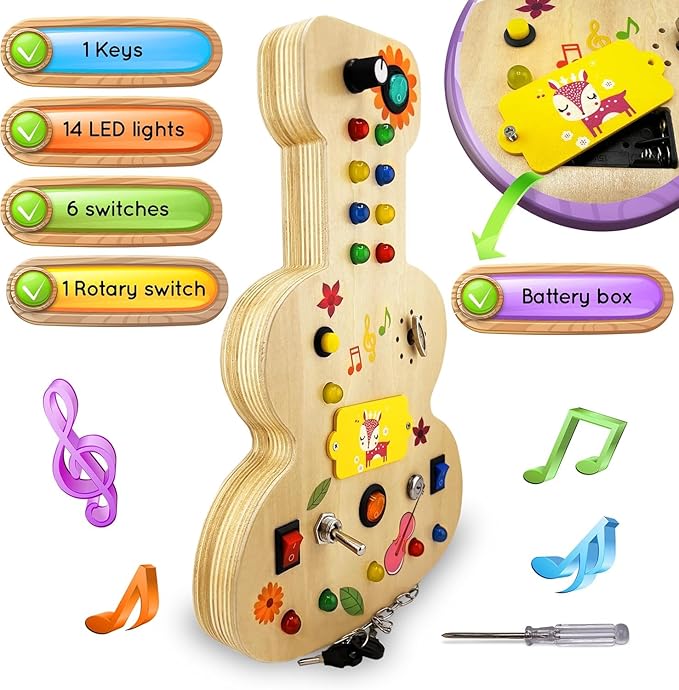 Wooden Montessori Musical Busy Board for Toddlers for 3-5 Year-Old with Mechanical Turner, Colorful Bulbs, Switches, Buttons - Enhance Sensory, Motor Skills
