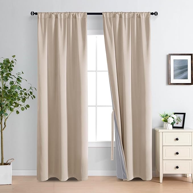 XWZO Total Blackout Curtains 84 Inches Long Rod Pocket Thermal Insulated Black Liner, Noise Reducing and Heat Blocking Drapes for Studio Windows with Tiebacks, Biscotti Beige, W42 x L84, Set of 2