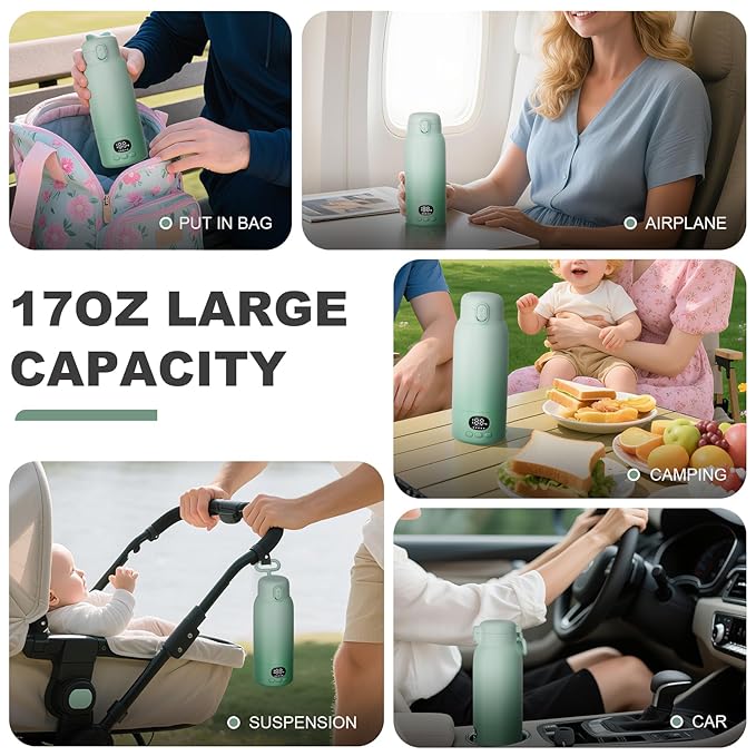 Portable Bottle Warmer for Travel - Portable Milk Warmer for Baby - Fast Heating Fast Heating Breast Milk & Formula Warmer 17oz Capacity, Adjustable Temp Long Battery Life for Outdoor Airplane and Car