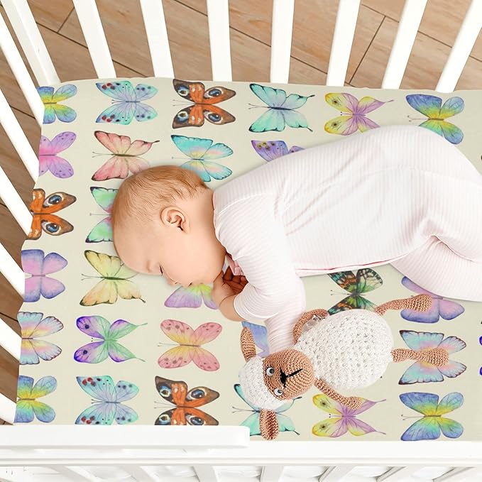Retro Butterflies Colorful Crib Sheets for Boys and Girls, Fitted Baby Crib Sheets Soft and Breathable Mini Crib Sheets 52 X 28 Inches