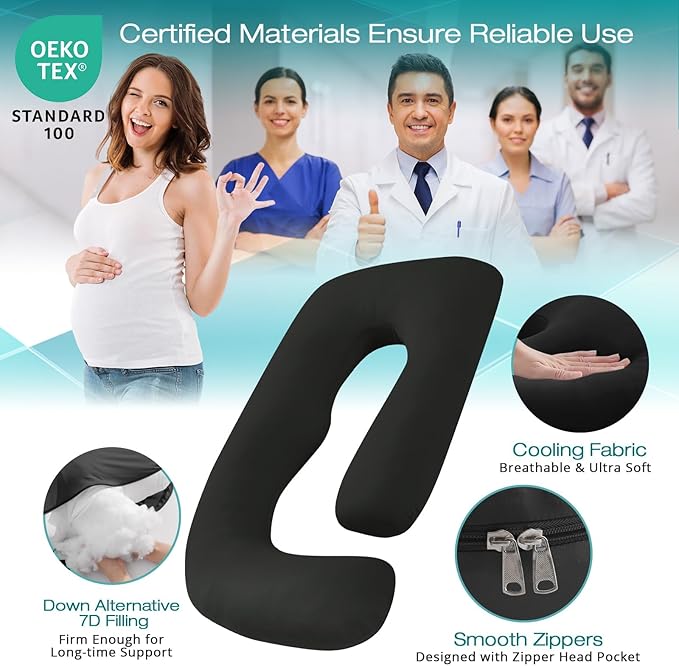 Sasttie Pregnancy Pillows for Sleeping, Jumbo U Shaped Cooling Full Body Pillow with Removable Cover, Pregnant Women Must Haves, Maternity Essential, Black
