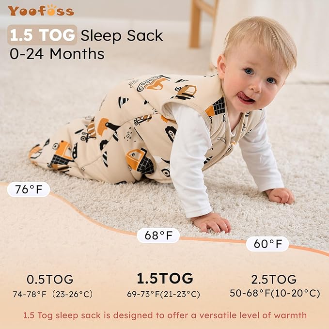 Yoofoss Baby Sleep Sack 12-18 Months, 1.5 Tog Baby Wearable Blanket with 2-Way Zipper, 100% Cotton Organic Fabric Winter Infant Sleeping Sack, Warm Soft Comfy