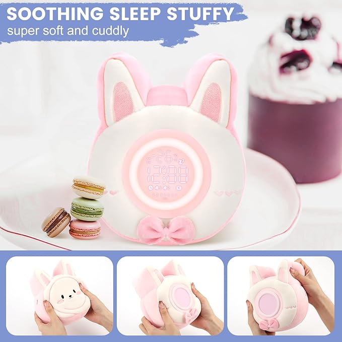 QANYI Bunny Plush Alarm Clock Night Light, Cute Stuffed Animals with LED Display Clock Adjustable Light, Toys for 5-12 Year Old Girls, Kawaii Birthday Gifts for Kids Teens Girls Women