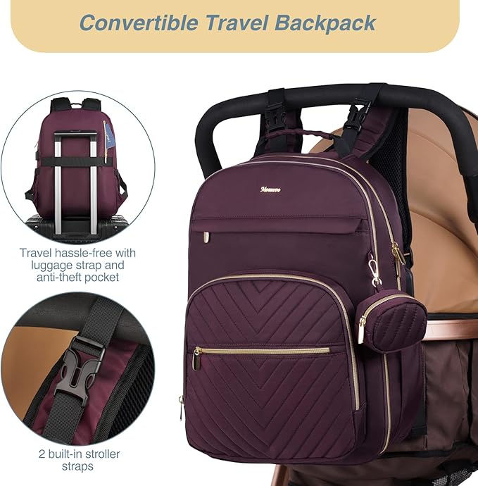 MOMUVO Diaper Bag Backpack, Quilted Baby Bag with Changing Pad & Stroller Straps & Pacifier Case, Large Travel Diaper Bags for Mom Dad, Dark Purple