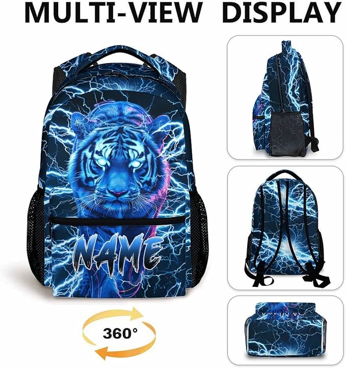 Boys School Backpack, Personalized Tiger Backpacks with Name for Kids Kindergarten Primary Senior Middle, 17 Inch Durable Personalized Cool Lightning Bookbag for School