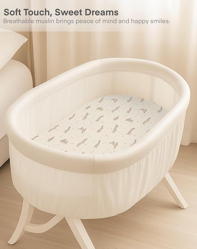 Muslin Bedside Bassinet Sheets 2 Pack, 33x20 Fitted Ultra Soft & Breathable Bedside Sleeper Sheets, Ideal for Baby Girl and Boy, Perfect for Newborns (Beige & Sage)
