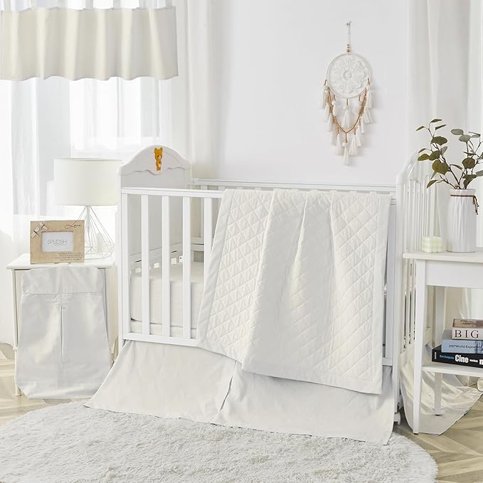 Brandream White Crib Bedding Set 6 Pieces Baby Nursery Collection with 2 packs Window Valance,Quilt,Crib Sheet,Dust Ruffle-100% Washed Cotton Like Linen Supersoft Classic Quilted Plaid Off White Cream
