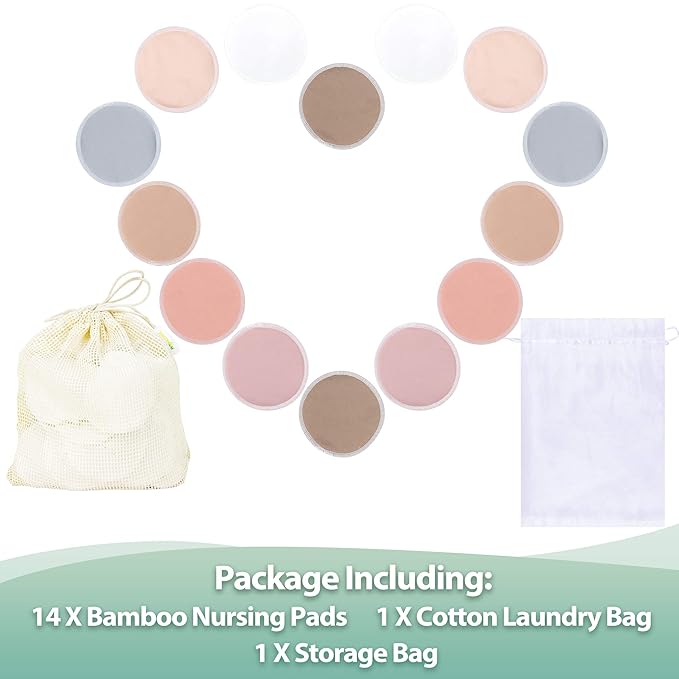 wegreeco Nursing Breast Pads (14 Pack) + Laundry Bag & Travel Storage Bag, 4.7 inch Option - Washable & Reusable Breastfeeding Nursing Pads (Mild, Large)