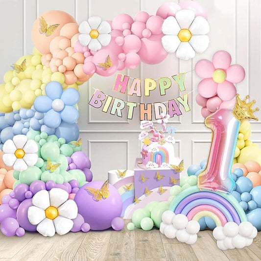 Pastel Balloon Garland Kit - 219pcs, Different Sizes 18, 10, 5 Inch Pastel Rainbow & Daisy Balloons for First Birthday Girl Baby Shower Party Arch