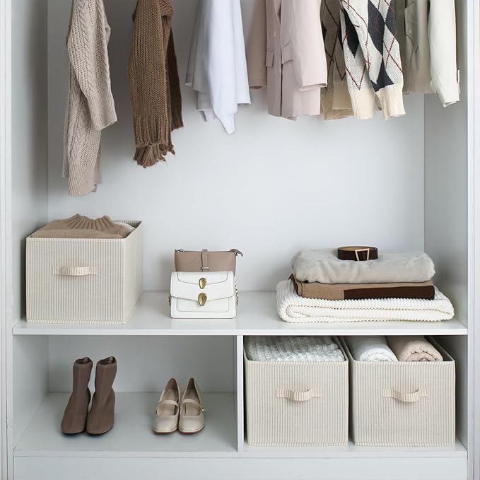 StorageWorks Storage Baskets for Shelves, Foldable Fabric Closet Storage Bins with Handles, Fabric Storage Bins Clothes Organizer, Beige Stripes, 3-Pack, Extra Large