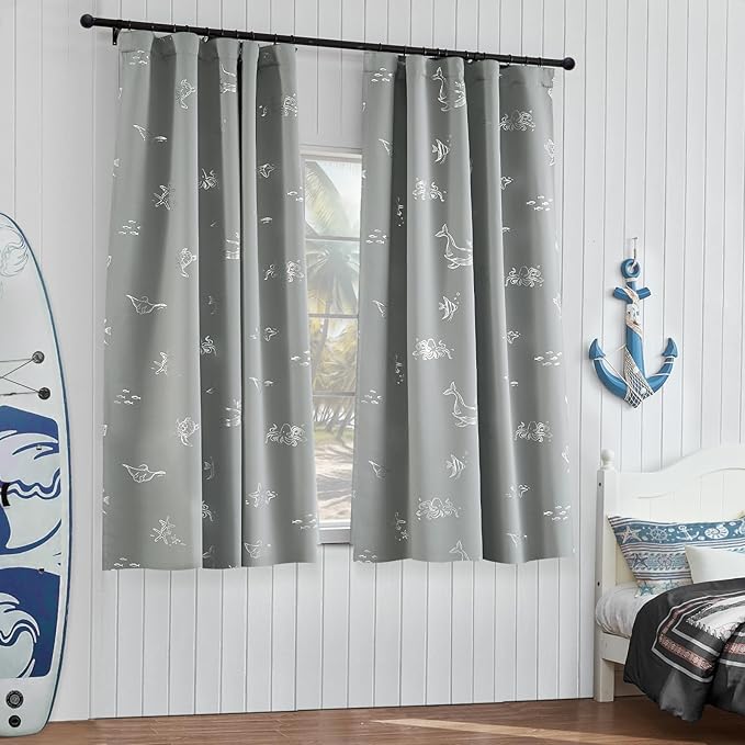 Vangao Kids Curtains for Boys Bedroom Kids Blackout Curtains 63 Inch Length Ocean Aquarium Nursery Drapes for Girls Bedroom Silver Sea Animals Print Thermal Insulated Drapes, Grey 2 Panels