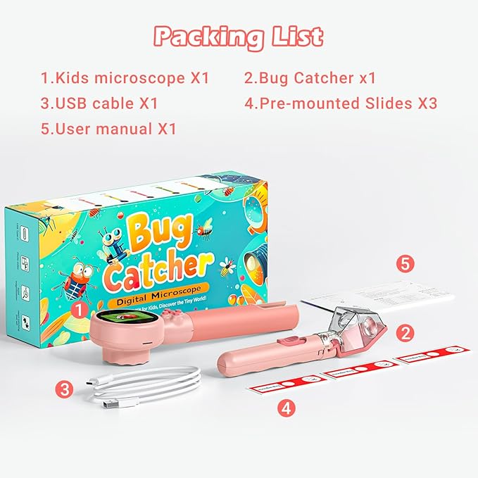 2 in 1 Kids Microscope with Bug Catcher,HD 500X Digital Microscope for Kids with 2" Screen,Photo and Video,STEM Educational Science Kit Learning Toys for Age 3-12 Girls & Boys Birthday Gifts (Pink)