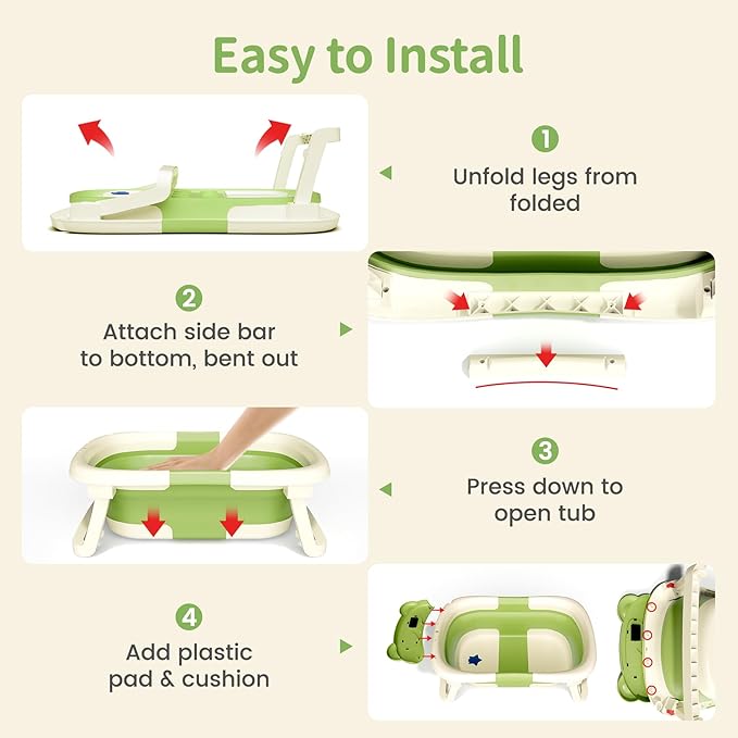 Collapsible Baby Bathtub for Newborn to Toddler (0-18 Month) - Portable Baby Bath Tub for Travel, Newborn Bathtub with Soft Towel and Floating Cushion (Green)