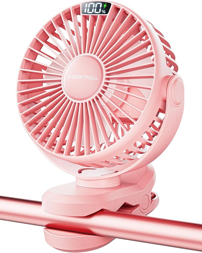 SWEETFULL Portable Clip on Fan - Battery Operated Stroller Fan, 4000mAh Small Rechargeable Fans with LED Display, 4 Speeds, Mini Personal Cooling Desk Cooler for Golf Cart Travel Camping Gym (Pink)