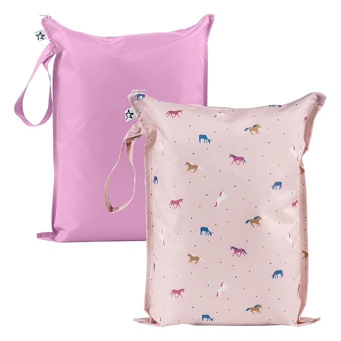 Tiny Twinkle Mess-Proof Waterproof Wet Dry Bag | 2-Pack Reusable Wet Bags for Swimsuits & Baby Clothes | Leakproof Wet Bag for Travel & Diaper Changes for Baby (Unicorn)