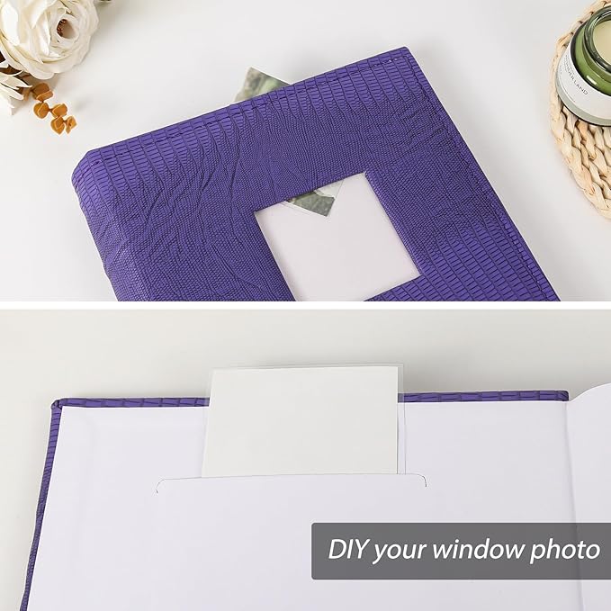 RECUTMS Photo Album with Memo Hold 100 4x6 Photos with Memo Areas, Slip in Pockets PU Leather Cover Small Photo Book with Front Window for Memories Couple Kids Family Pictures (Purple)