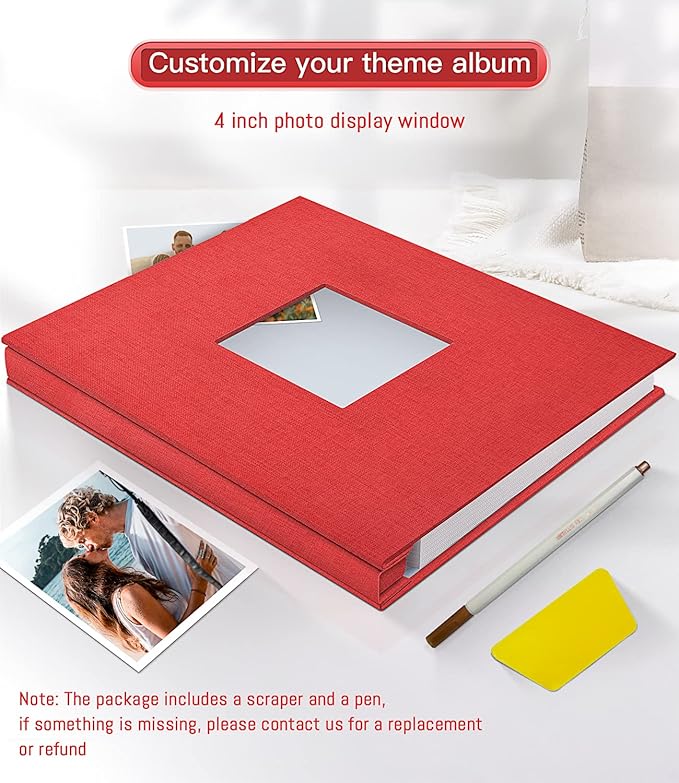 popotop Photo Album Self Adhesive with Picture Display Window,40 Pages DIY Scrapbooking Supplies Kit for 4x6 8x10 Picture,Linen Cover Memory Book for Baby Wedding, with Scraper and Metallic Pen