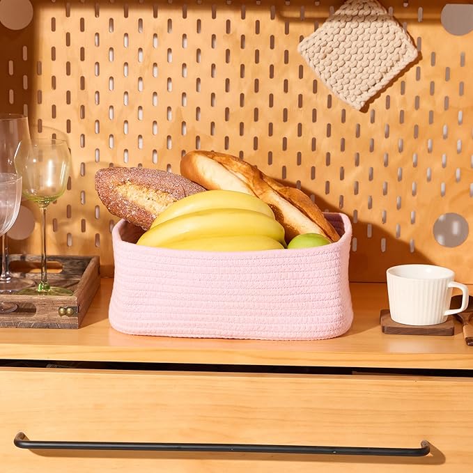 Small Storage Baskets for Organizing | Closet Organizer Bins | Shelf Toy Basket | Woven Rope Baskets | Cube Decorative Box | Shallow Basket | 11.5x7.5x4.7” | 3 Packs Pink