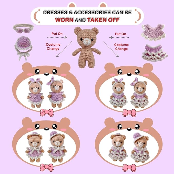LoopMap Crochet Kit for Beginners - DIY Amigurumi Bear with Removable Dress & Accessories, Step-by-Step Video Tutorials, Extra Yarn, Crochet Tools, Handmade Gift for Kids & Adults(Bear-Purple)