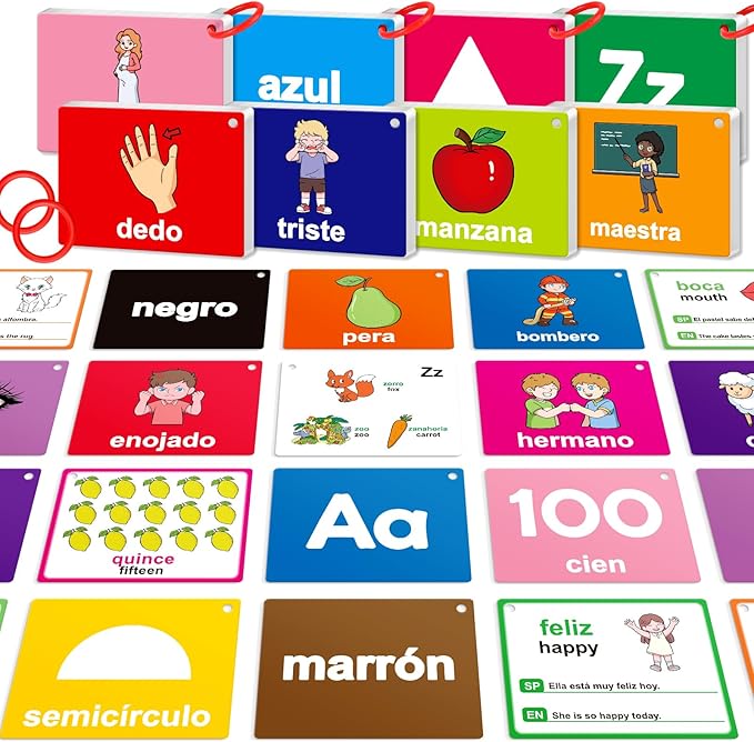 Spanish Flash Cards Toddler Bilingual Baby Cognitive Flashcards, Alphabet, Animals, Numbers, Shapes Colors, First Words, Body Parts,Emotions,Educational Toys Kindergarten Learning Activities
