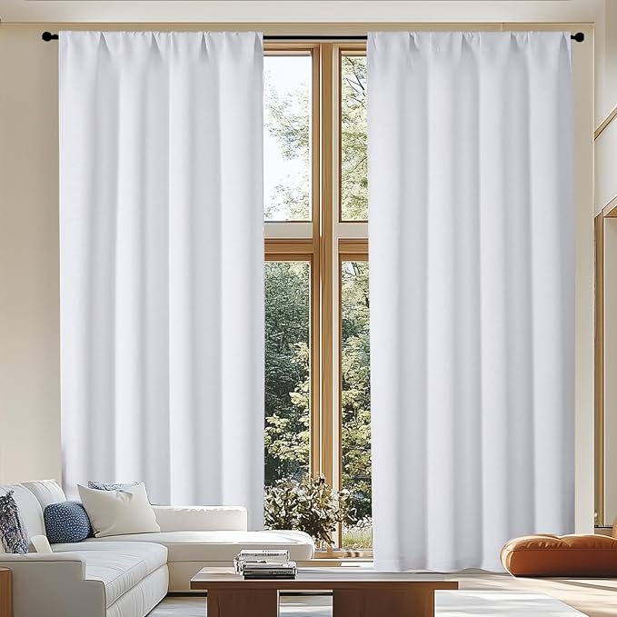 Simplebrand Ava Pure White Curtains for Patio 108 Inches Long 2 Panels Set, Room Darkening Window Treatment, Light Filtering Curtain Drapes, Soft Casual Rod Pocket Privacy Curtains, W50 x L108 Inch