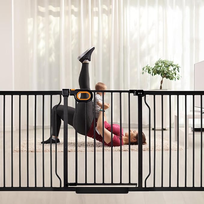 owlie Baby Gate Indoor 75-85 Inch, Extra Wide Safety Gate for Dogs Large Stairway Gate Adjustable Baby Gates Pressure Mount Wide Gate for Pet Stairway Doorway No Drilling Black (30.5'' Tall)