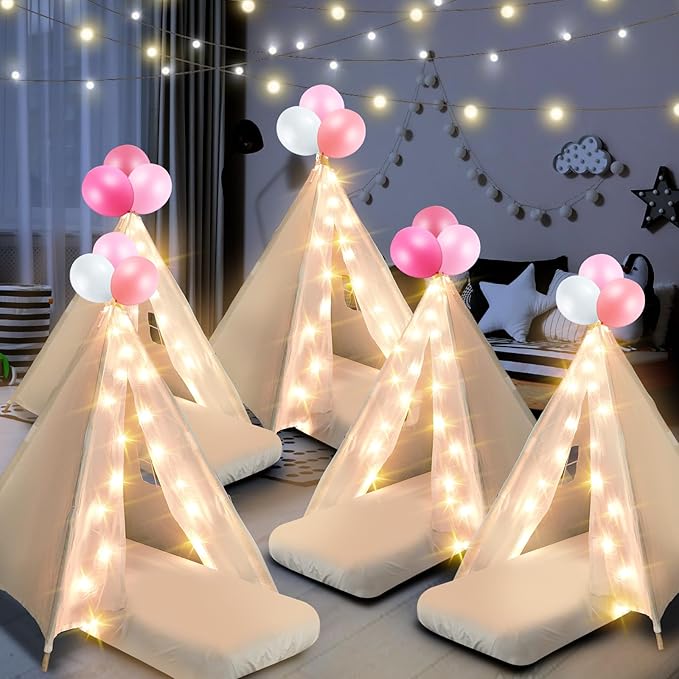 6 Pack Sleepovers Teepee Tent for Kids Bulk with Mattress Sheet Light,Natural Cotton Washable Indoor Play Tent for Birthday Slumber Party Girls Boys Pajama Movie Night Supplies(White)
