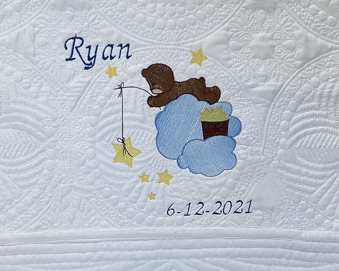 Personalized Baby Blanket Baby Quilt Monogrammed Blankets for Boys and Girls Embroidered Baby Gifts (Teddy Bear Stars)