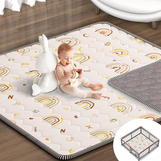 Boho Rainbow Baby Play Mat 50" X 50" Playpen Mat Thicken One-Piece Baby Crawling Mat Non-Slip Cushioned Baby Floor Mat with Lettters, Activity Playmats for Infants, Babies, Toddlers (50X50,Beige)