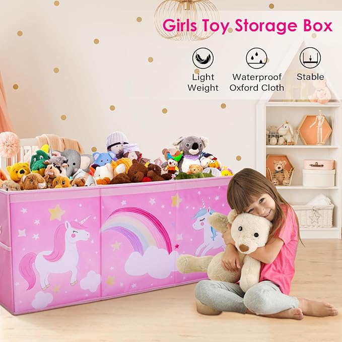 Unicorn Extra Large Toy Box Chest with Flip Lid for Kids, Collapsible Oxford Toy Storage Box with Handles Mesh Pockets, Sturdy Waterproof Toy Box for Bedroom Playroom, 37.7×12.5×15.7 Inch