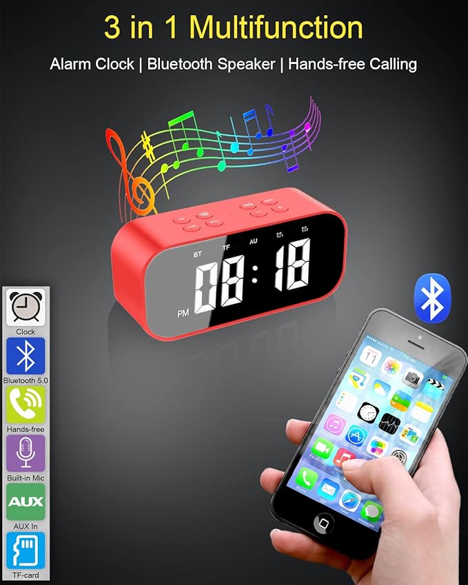 AFK Alarm Clock with Bluetooth Speaker,Digital Clock for Bedrooms,Alarm Clock for Heavy Sleepers Adults with Dual Alarm,Snooze,Dimmable LED Display.
