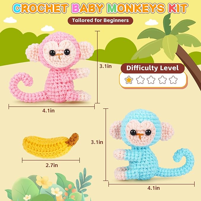 Crochet Kit for Beginners - 2 PCS Monkey with Banana Crochet Kits with Step-by-Step Video Tutorials, Beginner Crochet Kit for Adults, Crochet Monkey Kit for Kids (Blue & Pink)