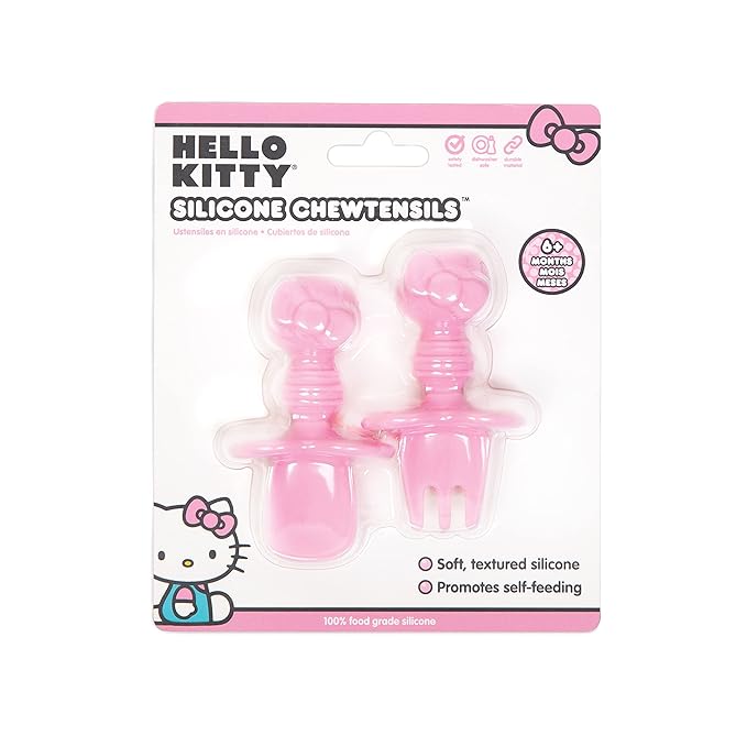 Bumkins Baby Utensils Set, Chewtensils Silicone Spoons for Dipping, Self-Feeding, Baby Led Weaning, Trainer Learning, First Stage Eating, Soft Practice Fork and Spoon, 6 Months, Hello Kitty Pink